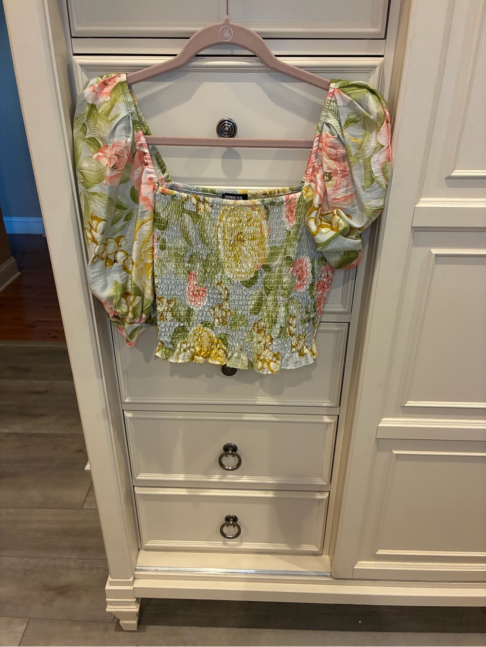Express Floral Smocked Puff Sleeve Crop Top - Green/Pink/Yellow